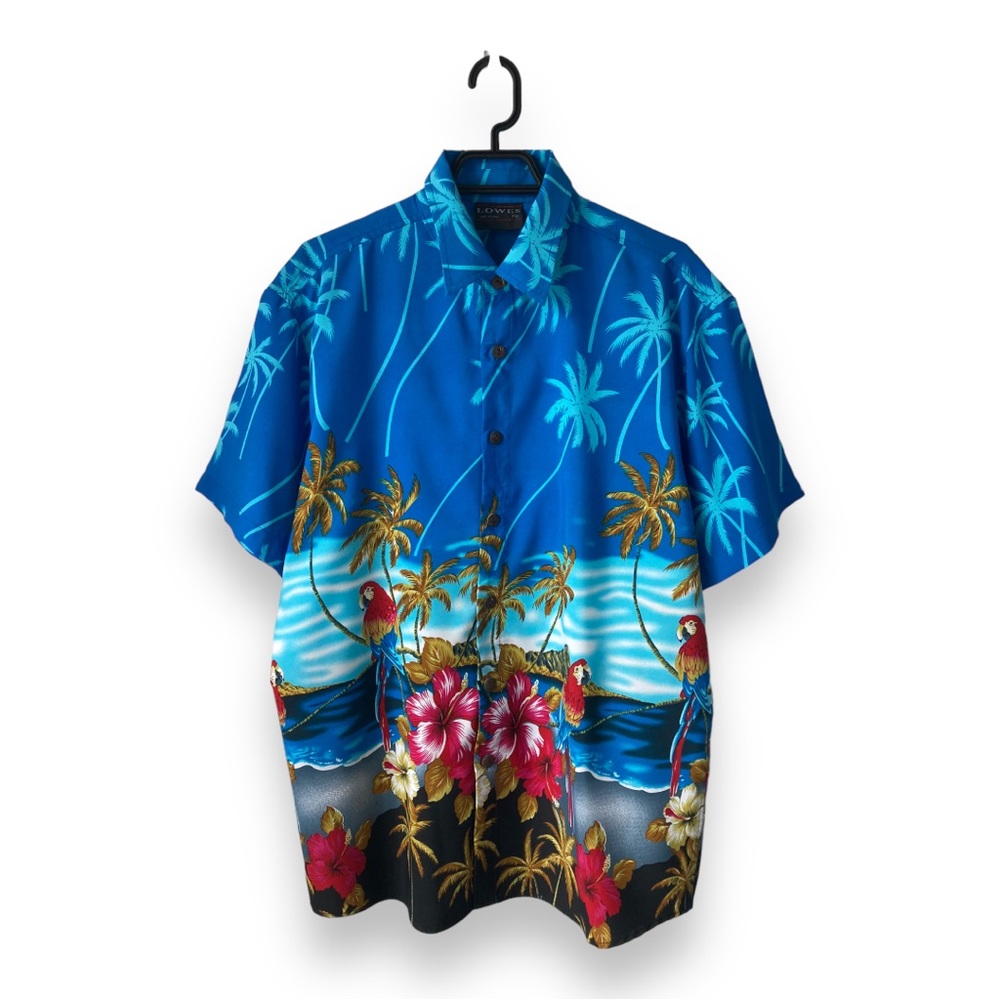 Lowes Blue Parrot Patterned Hawaiian Aloha Button Shirt - Picture 1 of 15